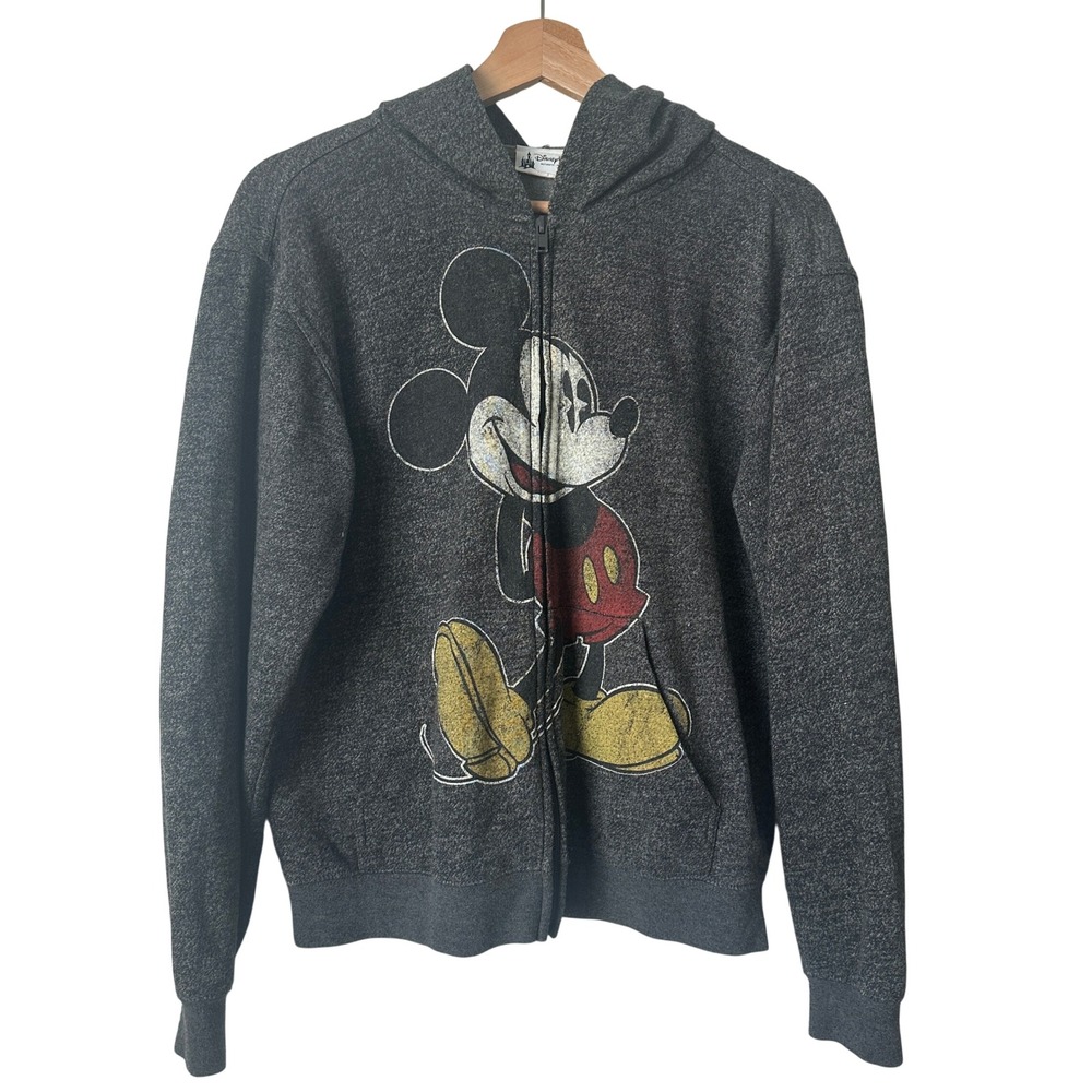 Disney Parks Mickey Mouse Full Zip Hoodie Charcoal Grey Graphic Sweatshirt L